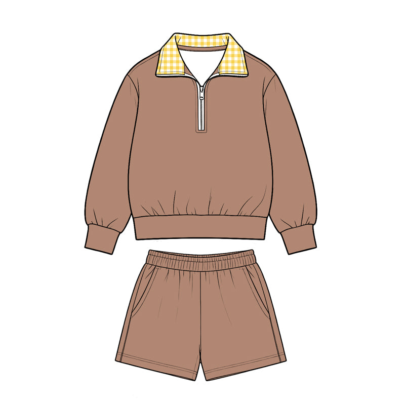 Preorder moq 5 Baby Girls Khaki Long Sleeve Zip Pullover Pockets Short Clothes Set