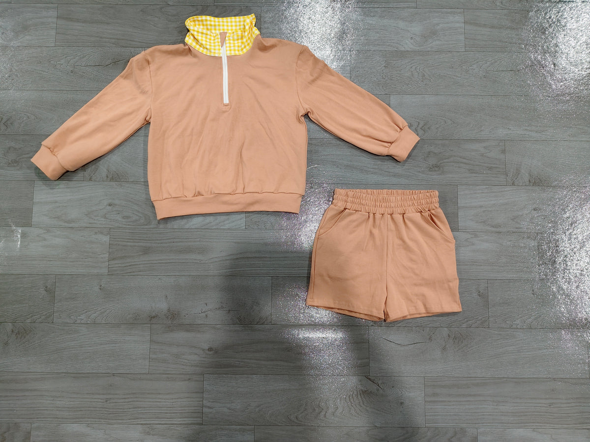 Baby Girls Khaki Long Sleeve Zip Pullover Pockets Short Clothes Set Preorder