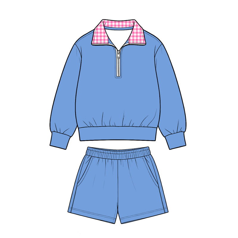 Preorder moq 5 Baby Girls Blue Long Sleeve Zip Pullover Pockets Short Clothes Set
