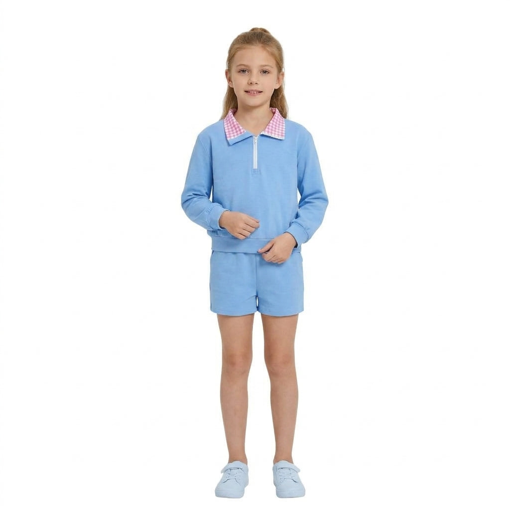 Baby Girls Blue Pink Long Sleeve Zip Pullovers Pockets Short Clothes Set