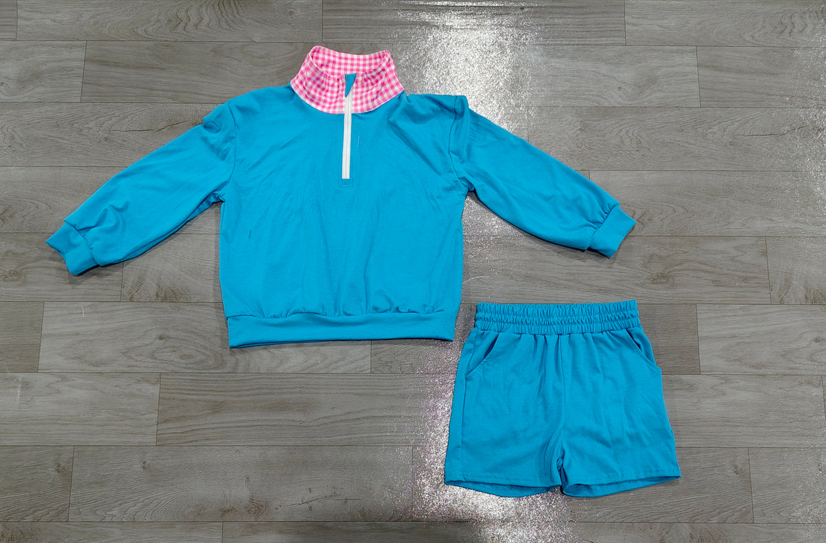 Baby Girls Blue Long Sleeve Zip Pullover Pockets Short Clothes Set Preorder