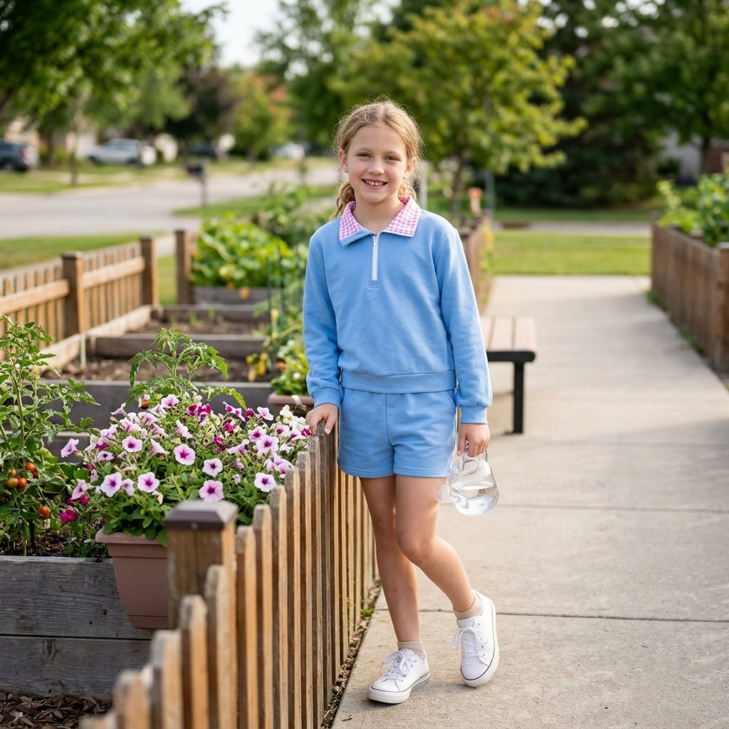 Baby Girls Blue Pink Long Sleeve Zip Pullovers Pockets Short Clothes Set