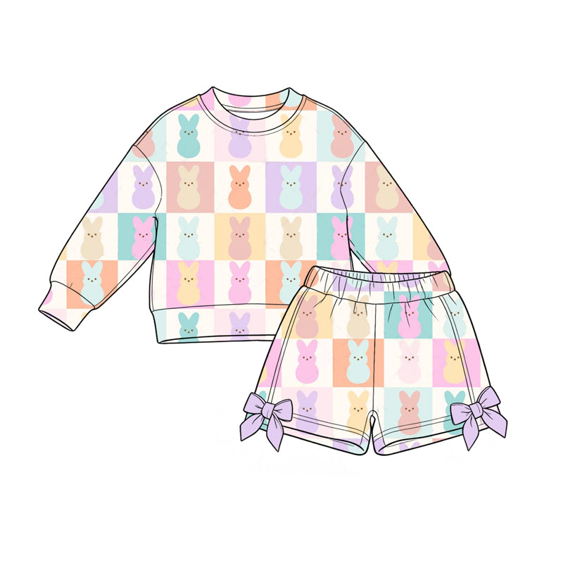 Preorder moq 5 Baby Girls Long Sleeve Checked Rabbits Top Bows Short Easter Clothes Set