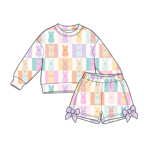 Preorder moq 5 Baby Girls Long Sleeve Checked Rabbits Top Bows Short Easter Clothes Set