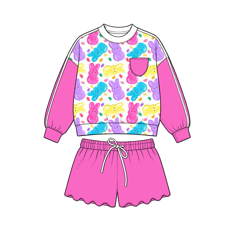 Baby Girls Colorful Rabbits Long Sleeve Pocket Top Scallop Short Easter Clothes Set Preorder