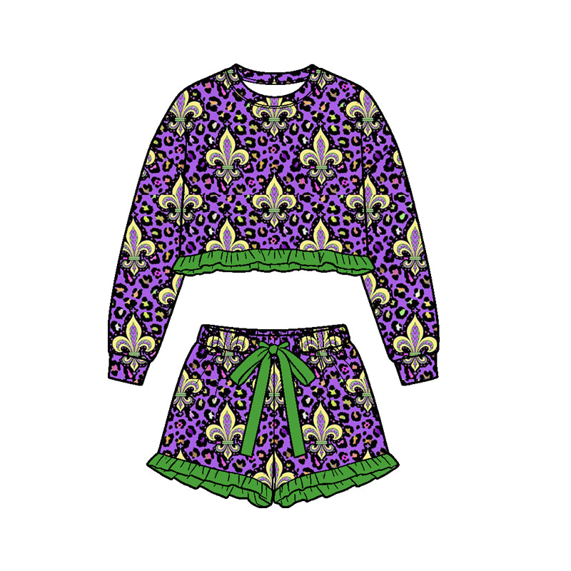 Baby Girls Anchors Leopard Long Sleeve Top Ruffle Short Mardigras Clothes Set Preorder