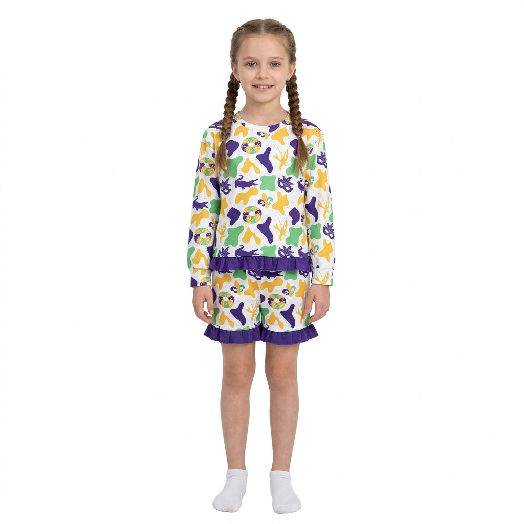 Baby Girls Donuts Masks Camo Long Sleeve Top Ruffle Short Mardigras Clothes Set