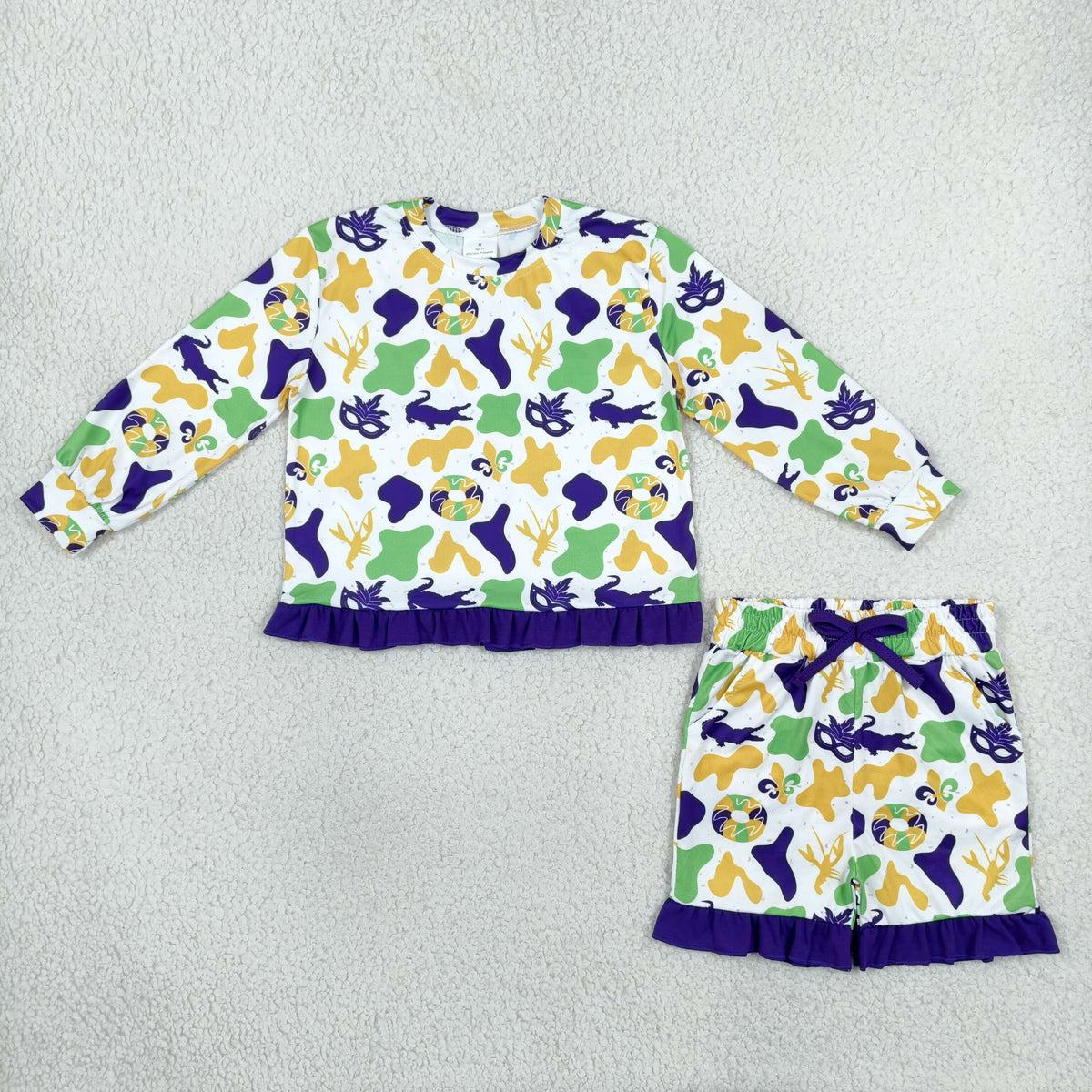 Baby Girls Donuts Masks Camo Long Sleeve Top Ruffle Short Mardigras Clothes Set