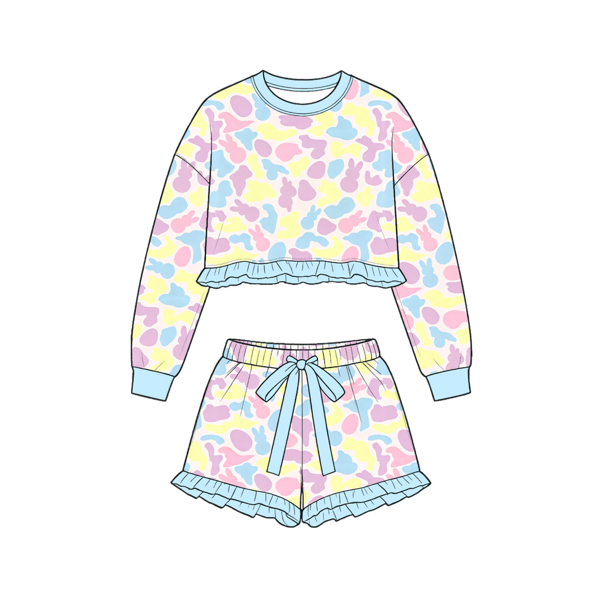 Baby Girls Colorful Rabbits Eggs Camo Long Sleeve Top Ruffle Short Easter Clothes Set Preorder