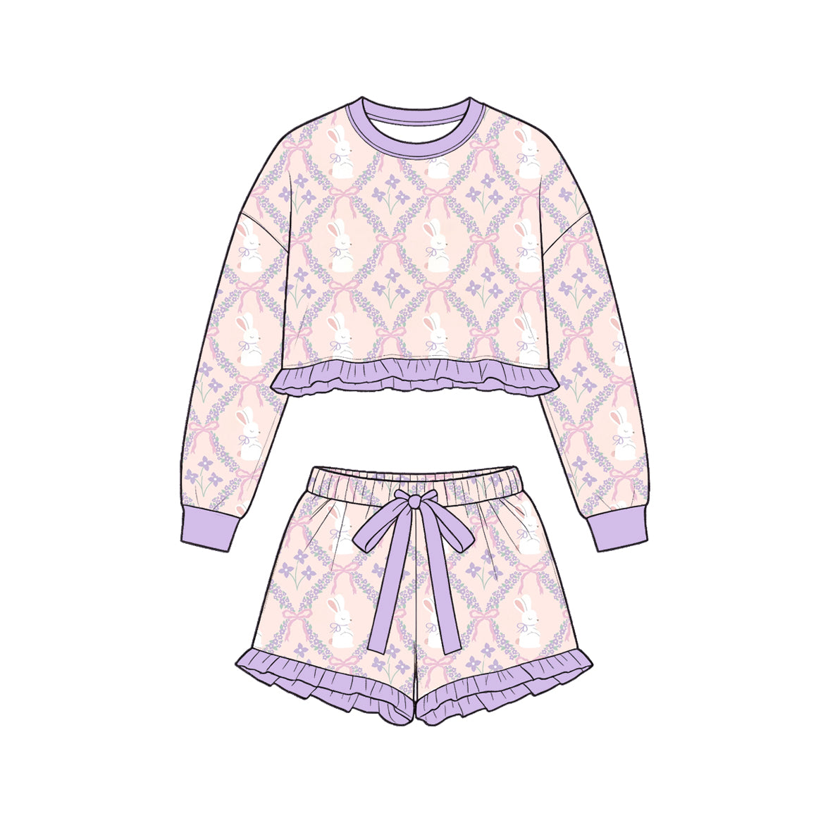 Baby Girls Rabbits Flowers Bows Long Sleeve Top Ruffle Short Easter Clothes Set Preorder