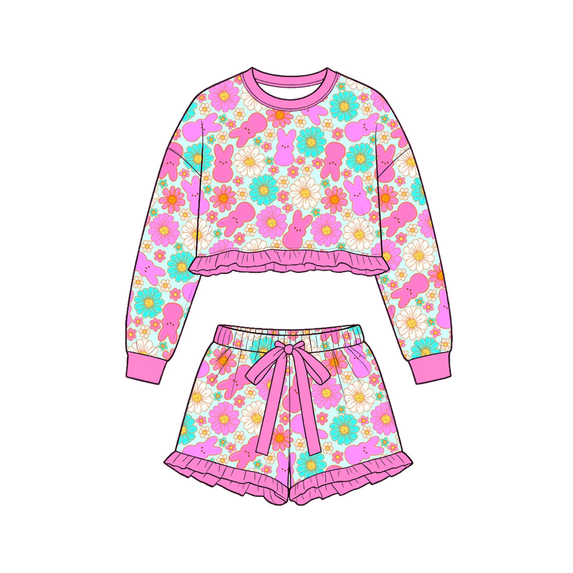 Baby Girls Colorful Flowers Rabbits Long Sleeve Top Ruffle Short Easter Clothes Set Preorder