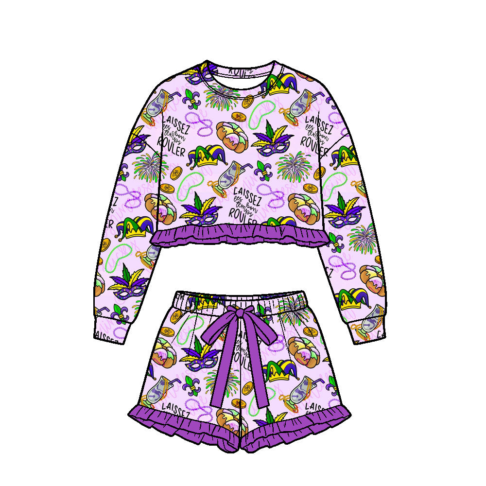 Baby Girls Anchors Masks Long Sleeve Top Ruffle Short Mardigras Clothes Set Preorder