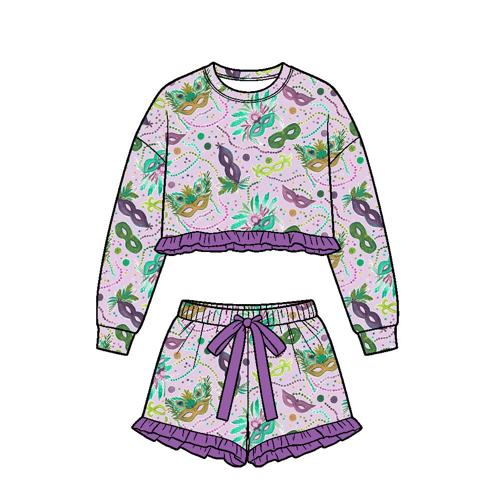 Baby Girls Necklaces Masks Long Sleeve Top Ruffle Short Mardigras Clothes Set Preorder