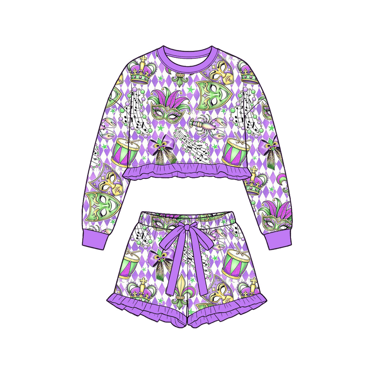 Baby Girls Purple Checked Masks Long Sleeve Top Ruffle Short Mardigras Clothes Set Preorder