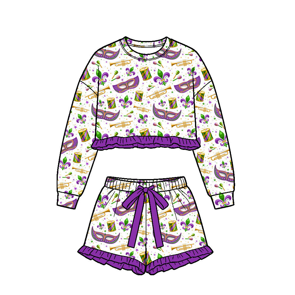 Baby Girls Anchors Masks Long Sleeve Top Ruffle Short Mardigras Clothes Set Preorder