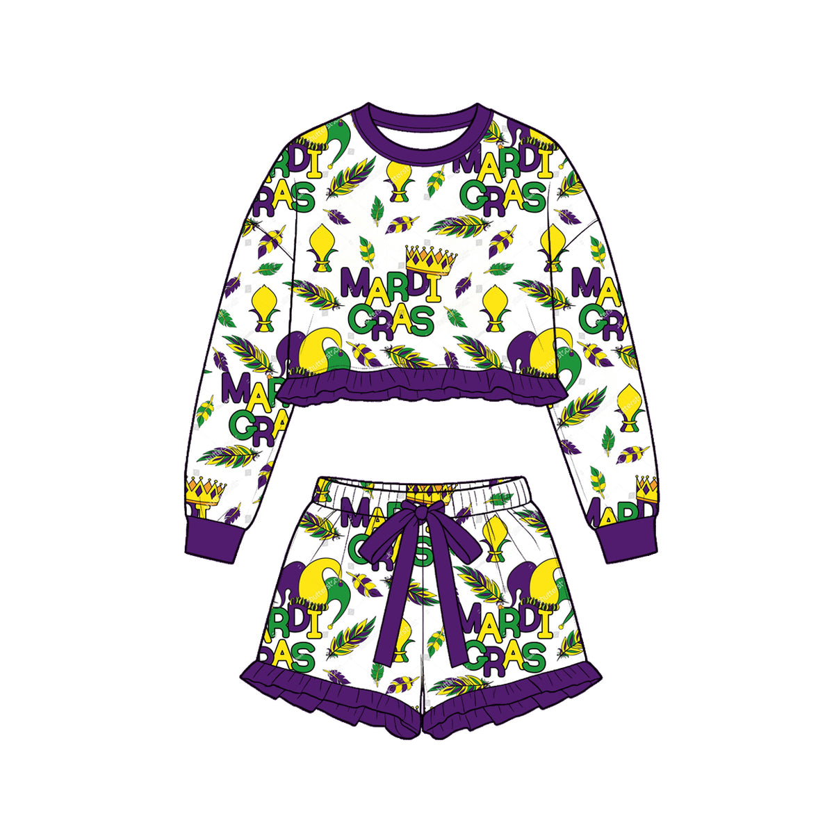 Baby Girls Anchors Crowns Long Sleeve Top Ruffle Short Mardigras Clothes Set Preorder