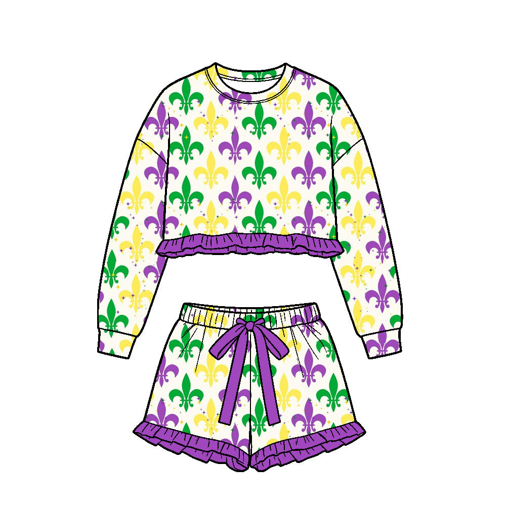 Baby Girls Anchors Plaid Long Sleeve Top Ruffle Short Mardigras Clothes Set Preorder