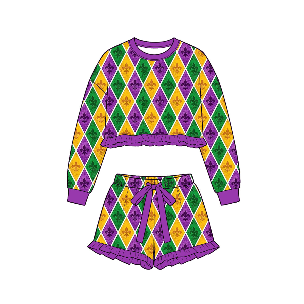 Baby Girls Anchors Checked Long Sleeve Top Ruffle Short Mardigras Clothes Set Preorder