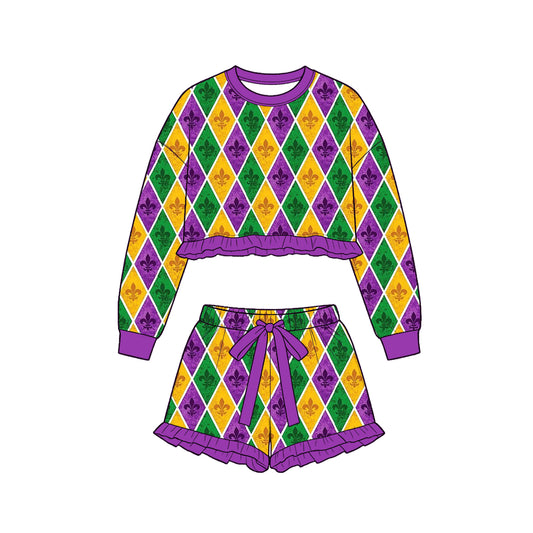 Baby Girls Anchors Checked Long Sleeve Top Ruffle Short Mardigras Clothes Set Preorder