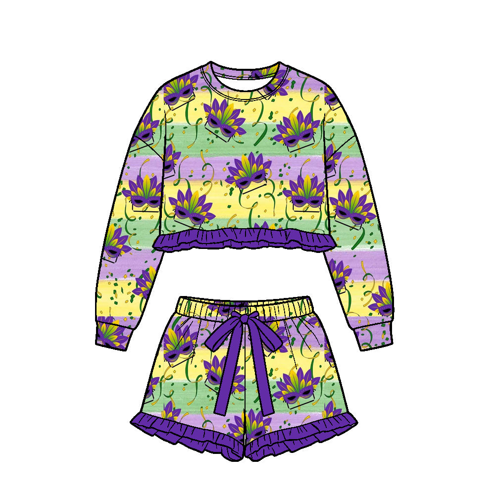 Baby Girls Masks Stripe Long Sleeve Top Ruffle Short Mardigras Clothes Set Preorder