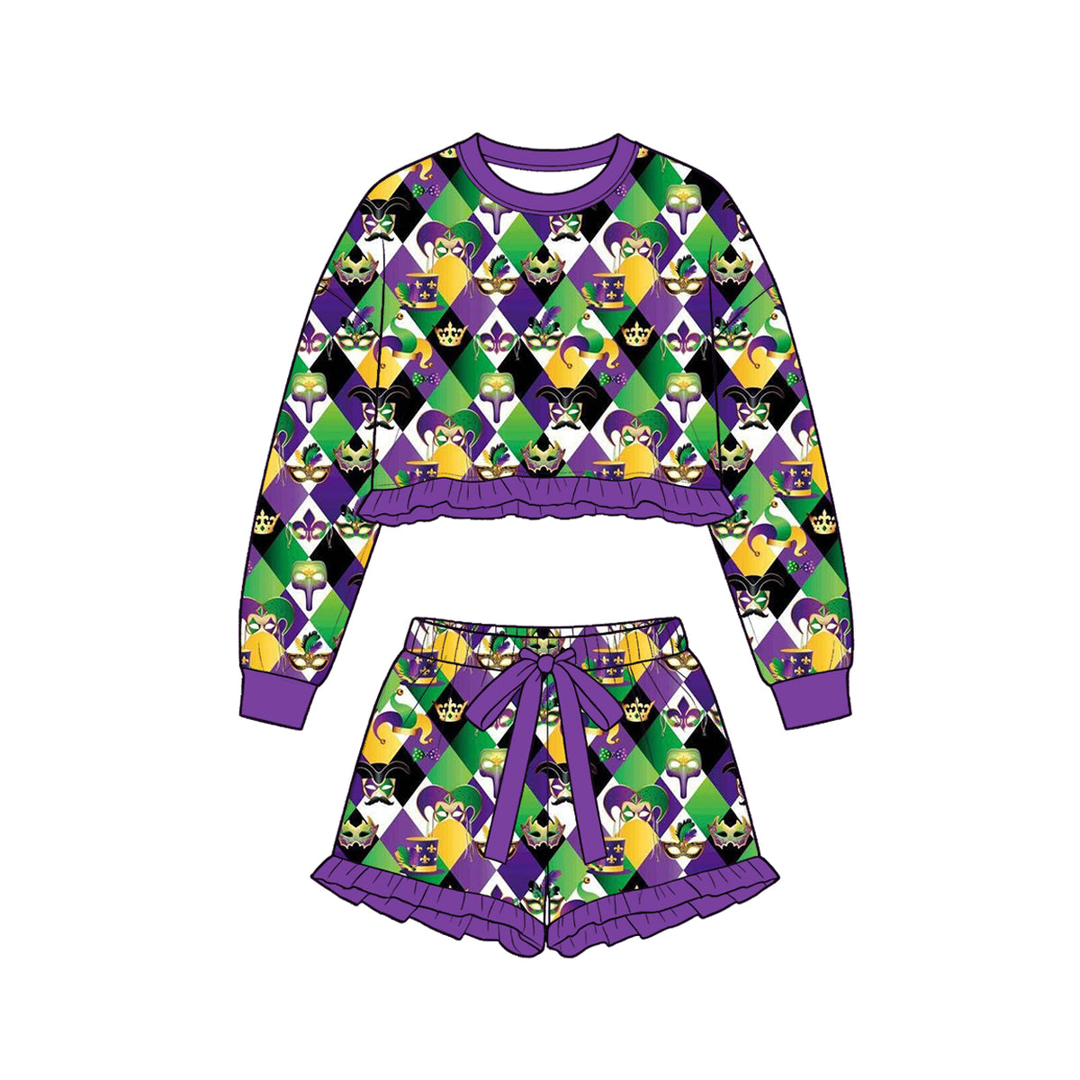 Baby Girls Masks Anchors Checked Long Sleeve Top Ruffle Short Mardigras Clothes Set Preorder