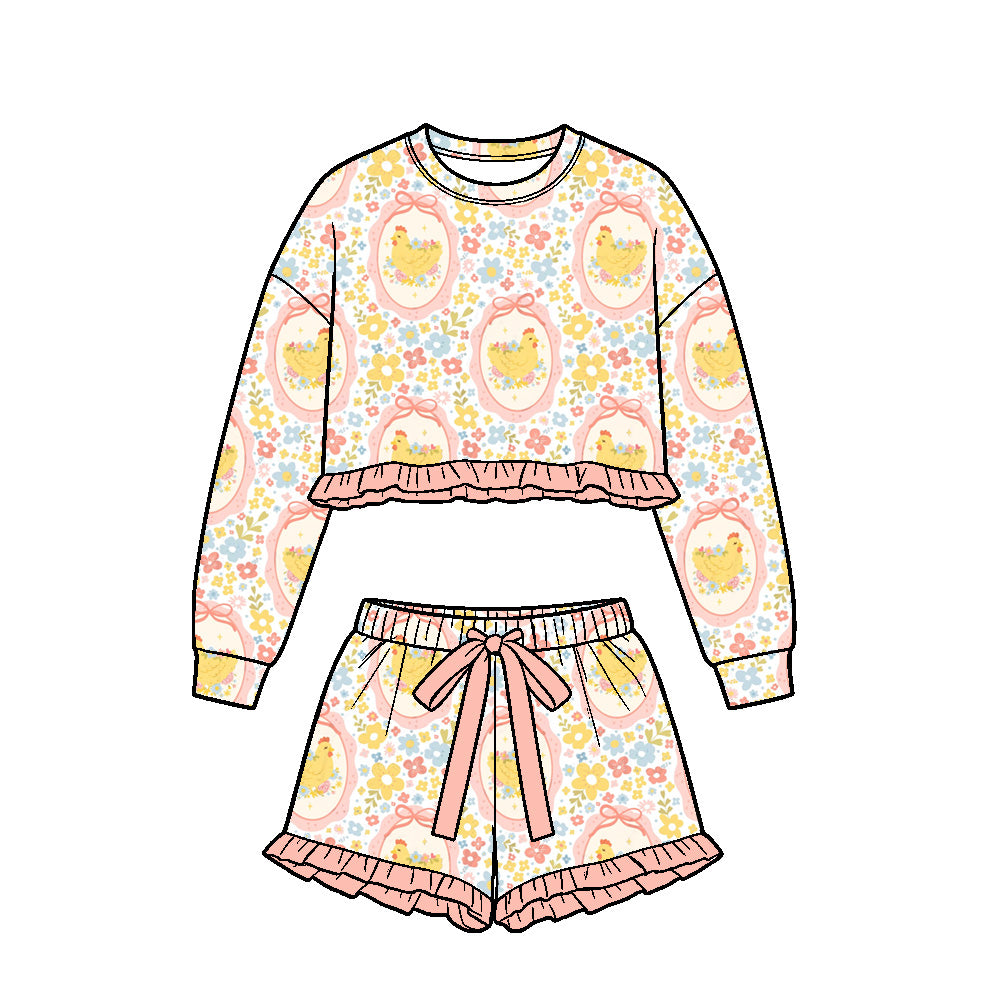 Baby Girls Chicks Flowers Long Sleeve Top Ruffle Short Eater Clothes Set Preorder