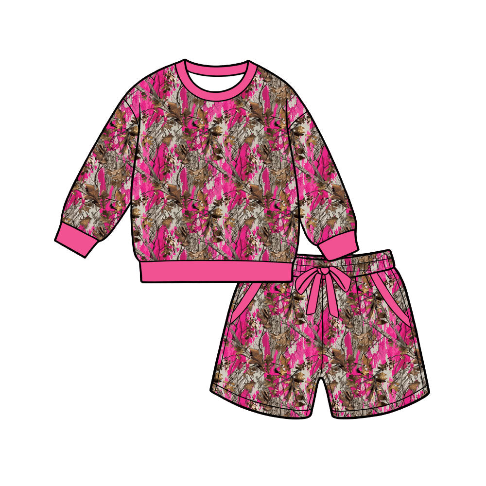 Preorder (moq 5) Women Pink Camouflage Long Sleeve Top Shorts Outfits Sets