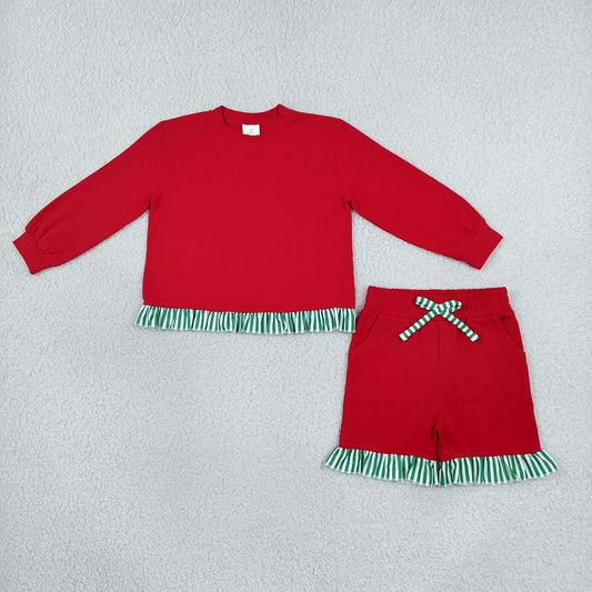 Baby Girls Red Green Stripe Slouchy Shirts Pockets Ruffle Short Clothes Set