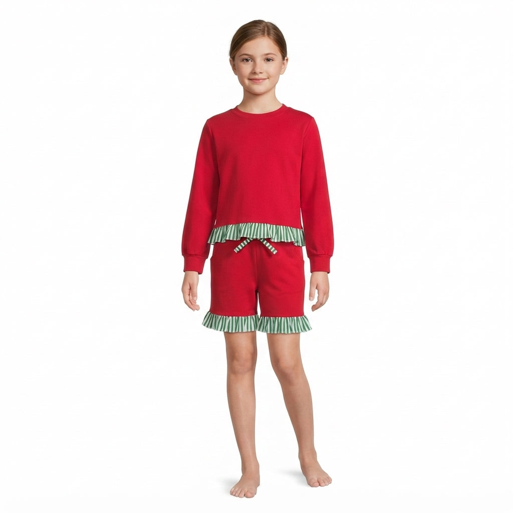 Baby Girls Red Green Stripe Slouchy Shirts Pockets Ruffle Short Clothes Set
