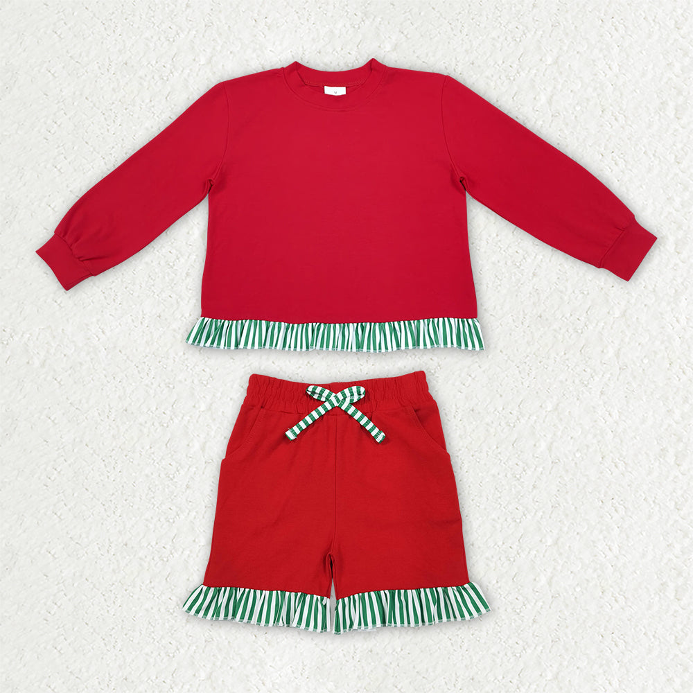 Baby Girls Red Green Stripe Slouchy Shirts Pockets Ruffle Short Clothes Set