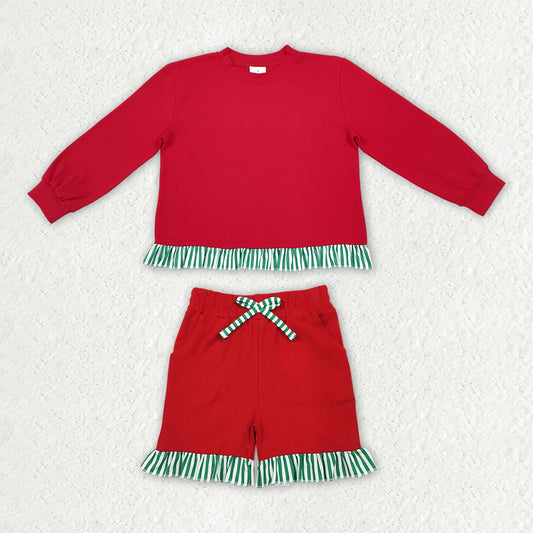 Baby Girls Red Green Stripe Slouchy Shirts Pockets Ruffle Short Clothes Set