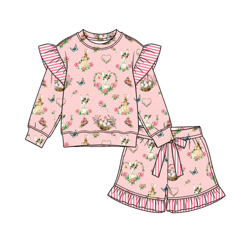 Preorder moq 5 Baby Girls Flowers Rabbits Long Sleeve Top Ruffle Short Easter Clothes Set