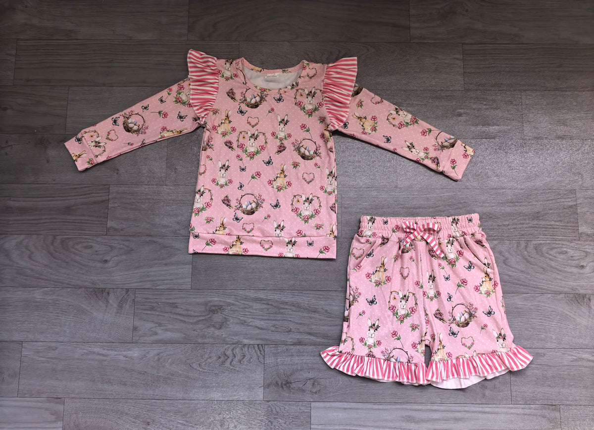 Baby Girls Flowers Rabbits Long Sleeve Top Ruffle Short Easter Clothes Set Preorder
