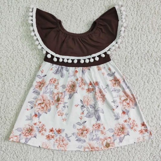 Baby Girls Brown Pompom Flowers Knee Length Dresses