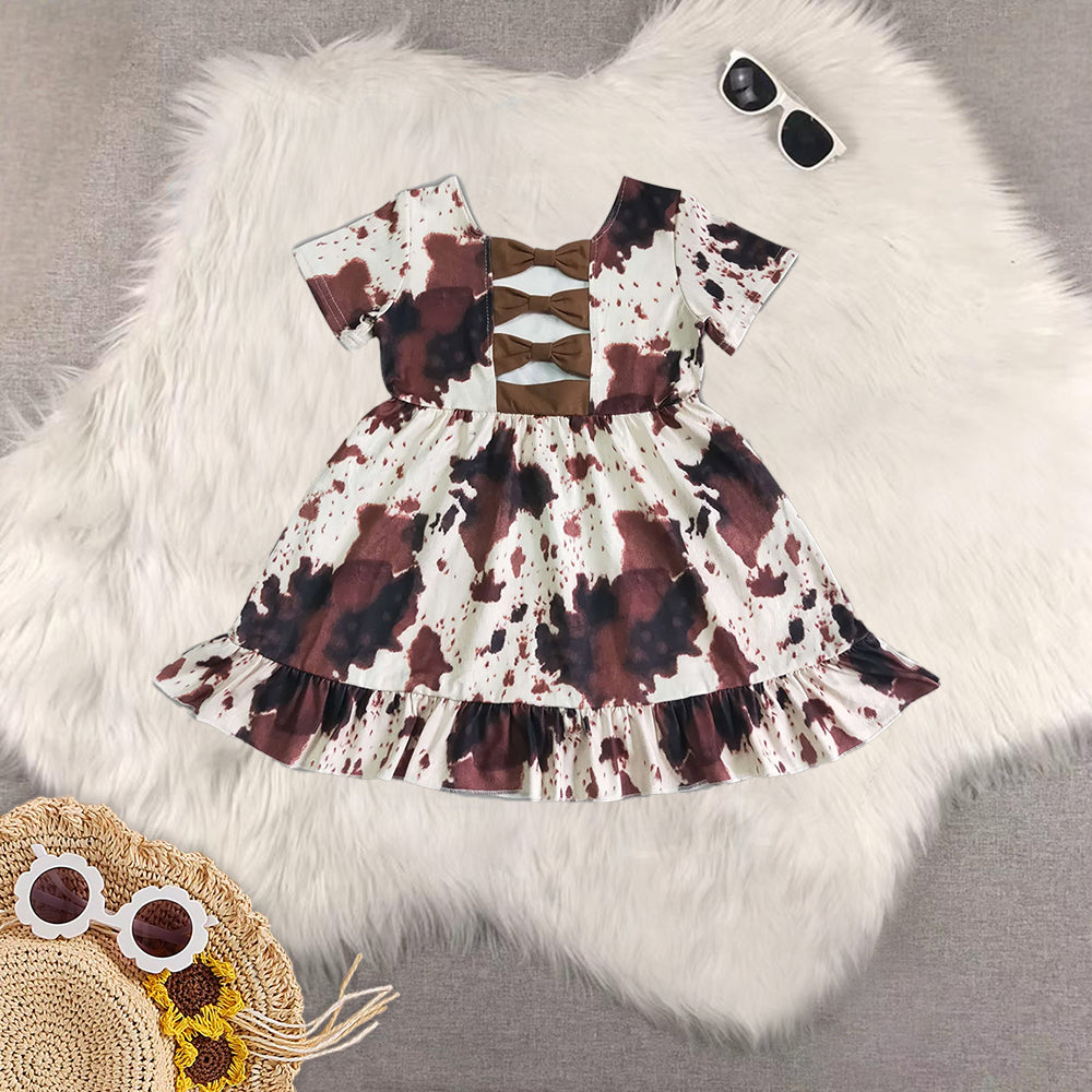 Sibling Baby Girls Summer Cow Print Bow Knee Length Dress Jumpsuit Zipper Rompers