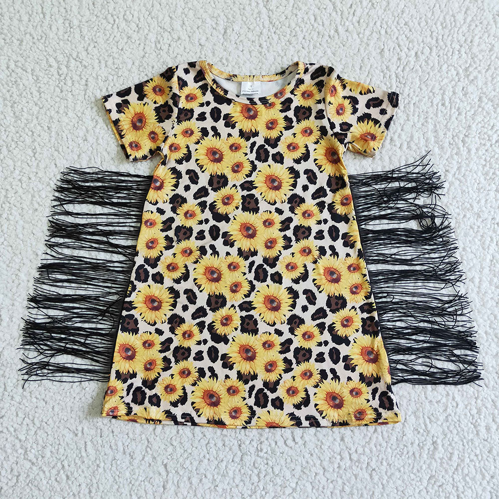 Sibling Baby Girls Short Sleeves Flowers Cows Tassel Knee Length Dresses