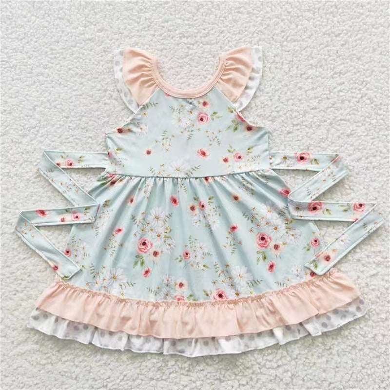 Sibling Baby Girls Flowers Plaid Button Pockets Ruffle Knee Length Dresses