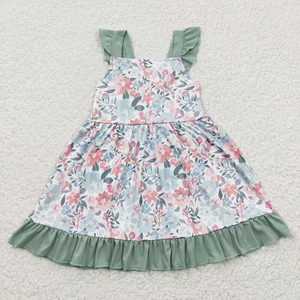 Sibling Baby Girls Green Floral Dresses Outfits Clothes Sets