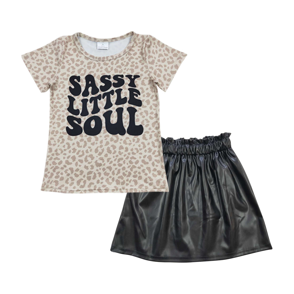 Baby Girls Leopard Sassy Shirt Black Pleather Skirts Sets