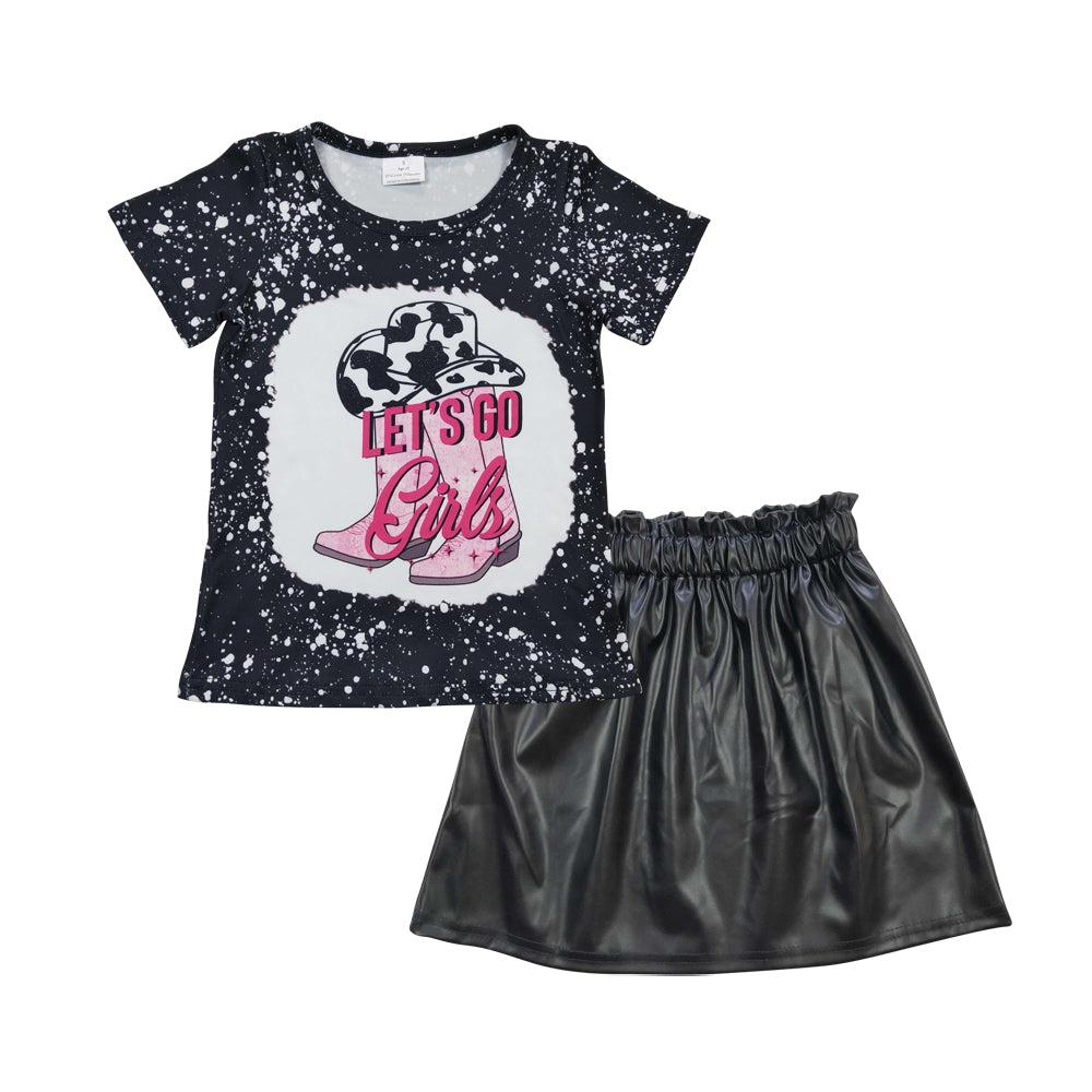 Baby Girls Western Boots Shirt Black Pleather Skirts Sets