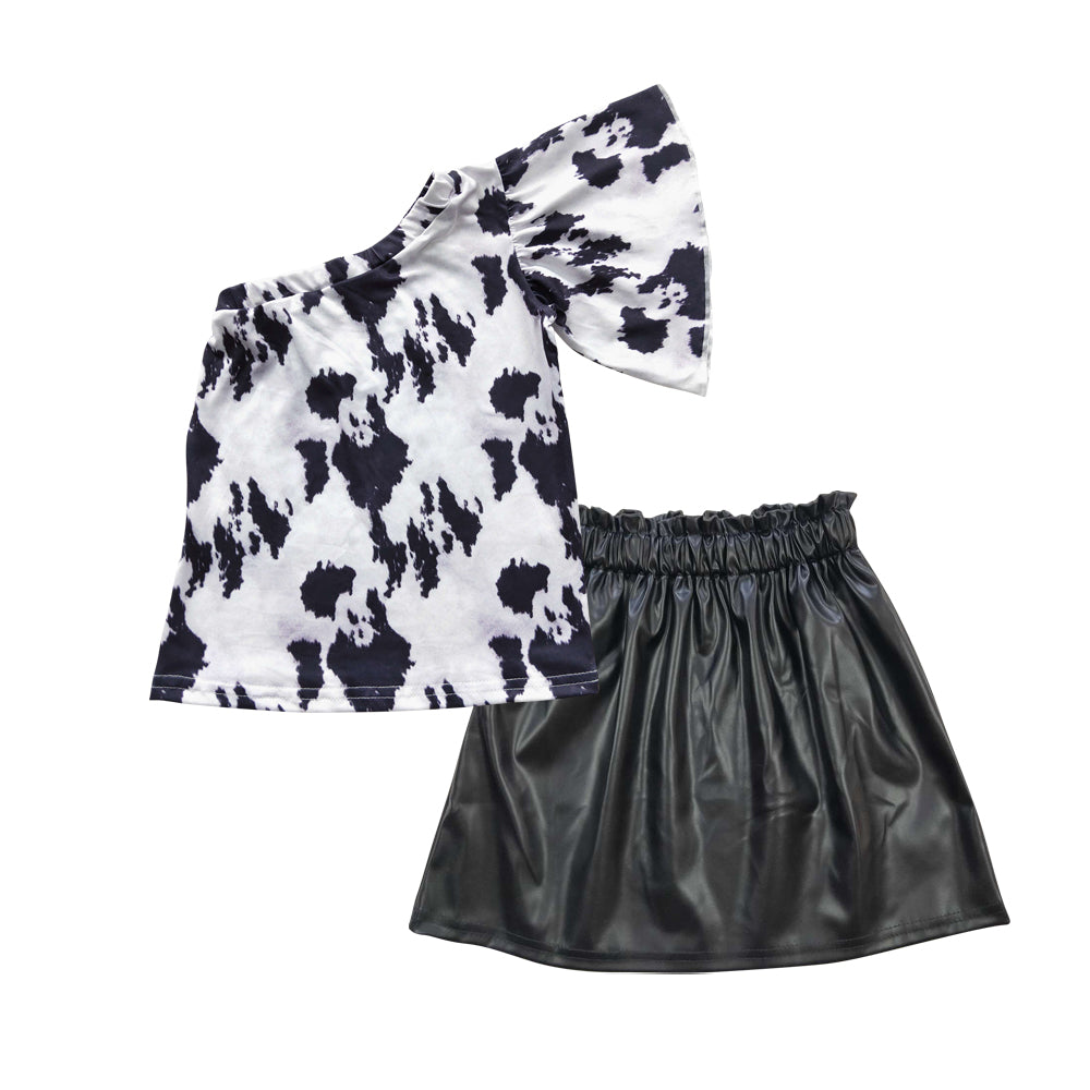 Baby Girls Cow One Shoulder Shirt Black Pleather Skirts Sets
