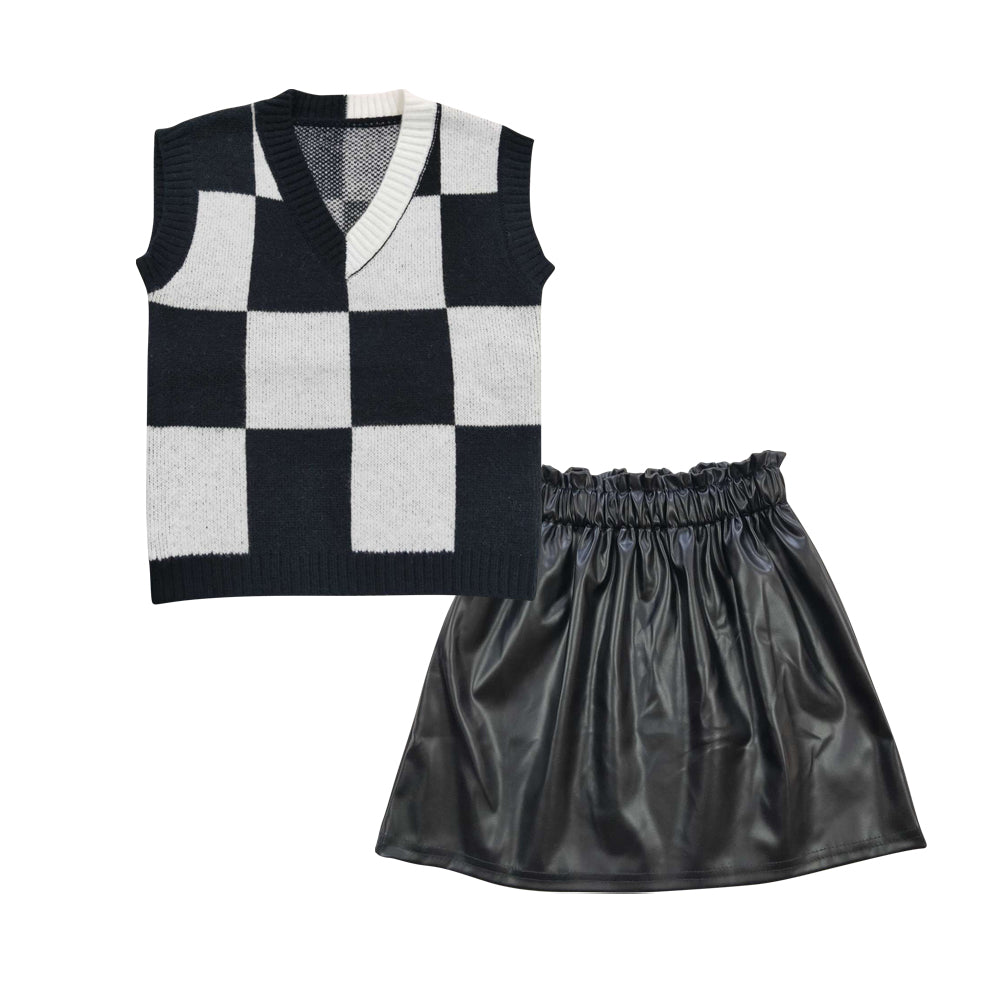 Baby Girls Woolen Vest Black Pleather Skirts Sets