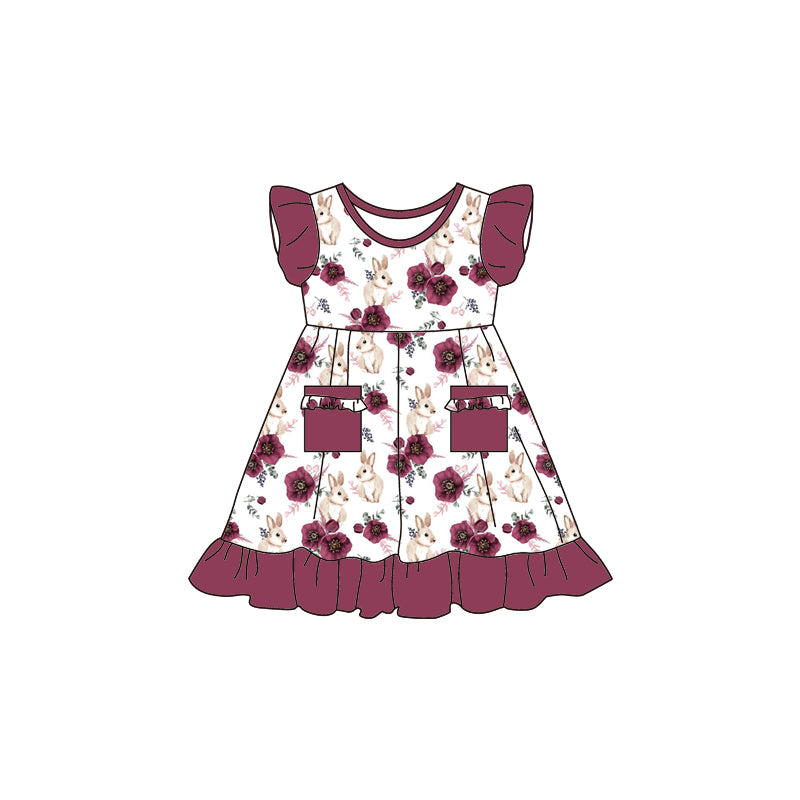 Baby Girls Spring Easter Rabbit Flowers Pockets Knee Length Dresses preorder