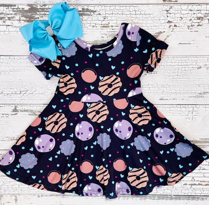 Baby Girls Black Donuts Short Sleeve Knee Length Boutique Dresses preorder