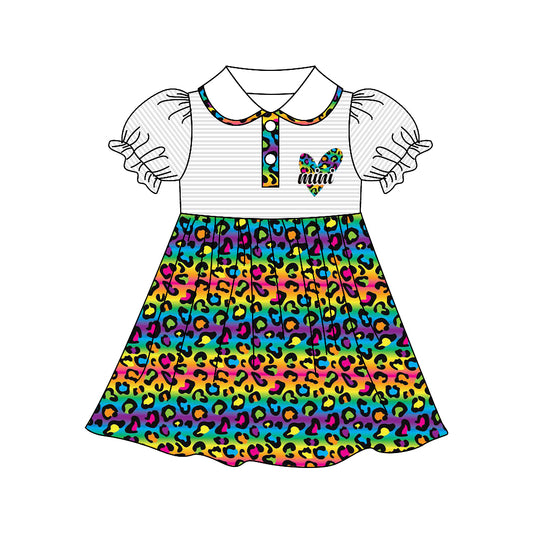 Baby Girls Doll Collar Mini Heart Short Sleeve Leopard Colorful Knee Length Dresses preorder