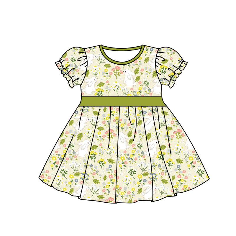 Baby Girls Easter Green Leaves Rabbits Knee Length Dresses preorder