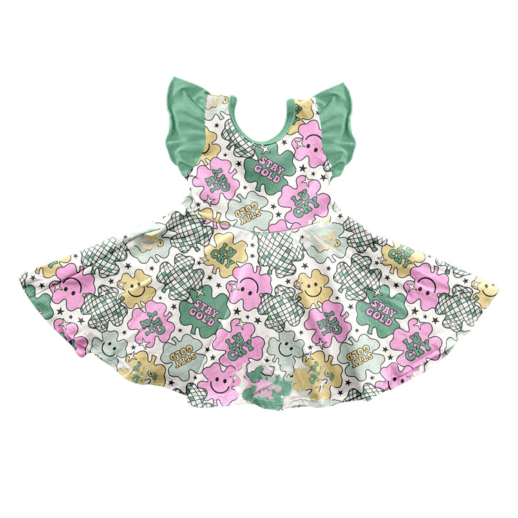 Baby Girls St Patrick Day Quatrefoil Flutter Sleeve Knee Length Dresses preorder