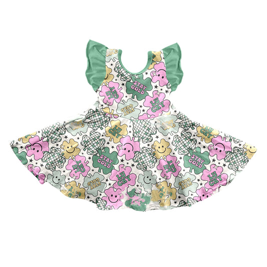 Baby Girls St Patrick Day Quatrefoil Flutter Sleeve Knee Length Dresses preorder