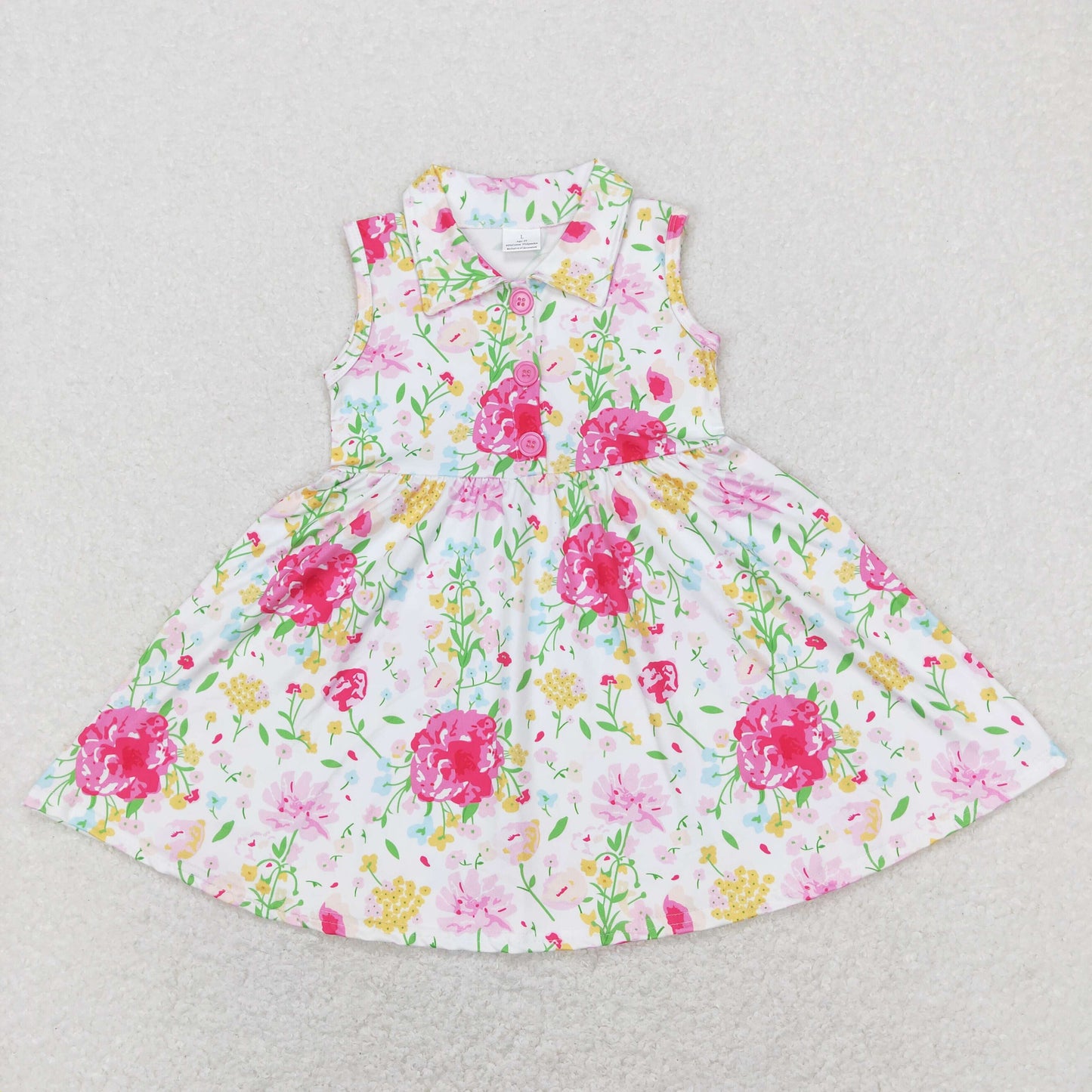 Sibling Baby Girls Flowers Plaid Button Pockets Ruffle Knee Length Dresses