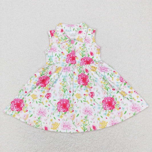 Sibling Baby Girls Flowers Plaid Button Pockets Ruffle Knee Length Dresses
